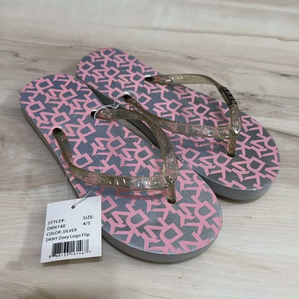 DKNY Girls Zoey Pink Silver Sparkle Flip Flops Size 4/5 NWT